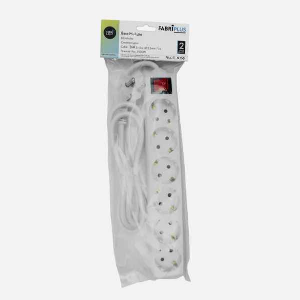 Base Multiple 6 Enchufes E Interruptor Cable 3m 3gx1,5mm De Cobre 3500w Max