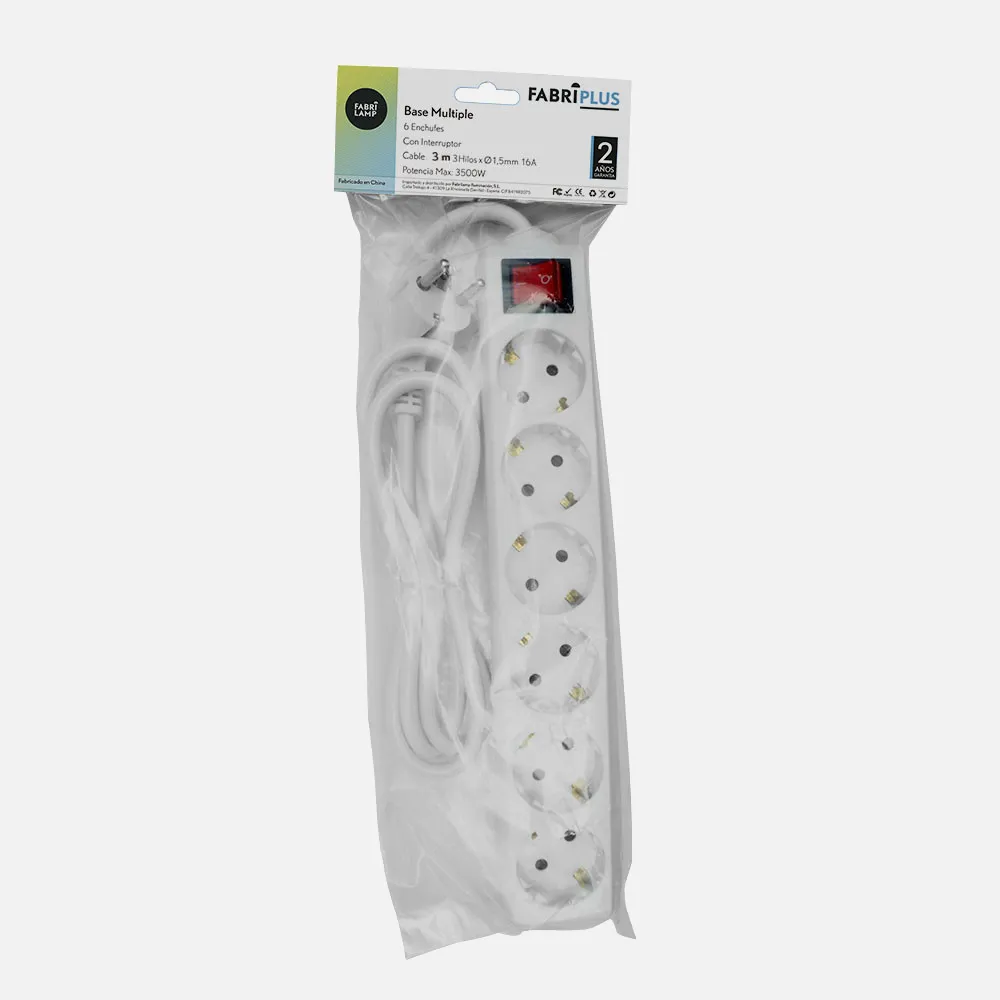 Base Multiple 6 Enchufes E Interruptor Cable 3m 3gx1,5mm De Cobre 3500w Max