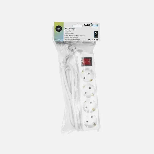Base Multiple 4 Enchufes E Interruptor Cable 3m 3gx1,5mm De Cobre 3500w Max