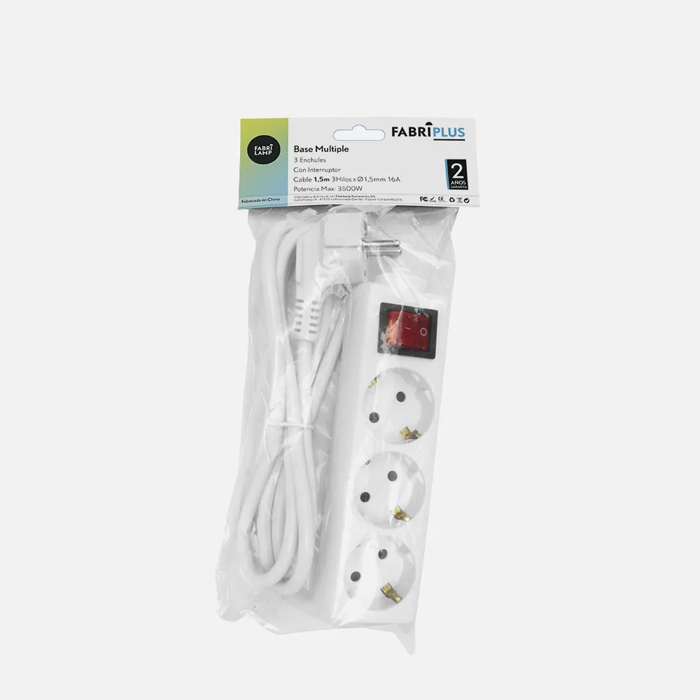 Base Multiple 3 Enchufes E Interruptor Cable 1,5m 3gx1,5mm De Cobre