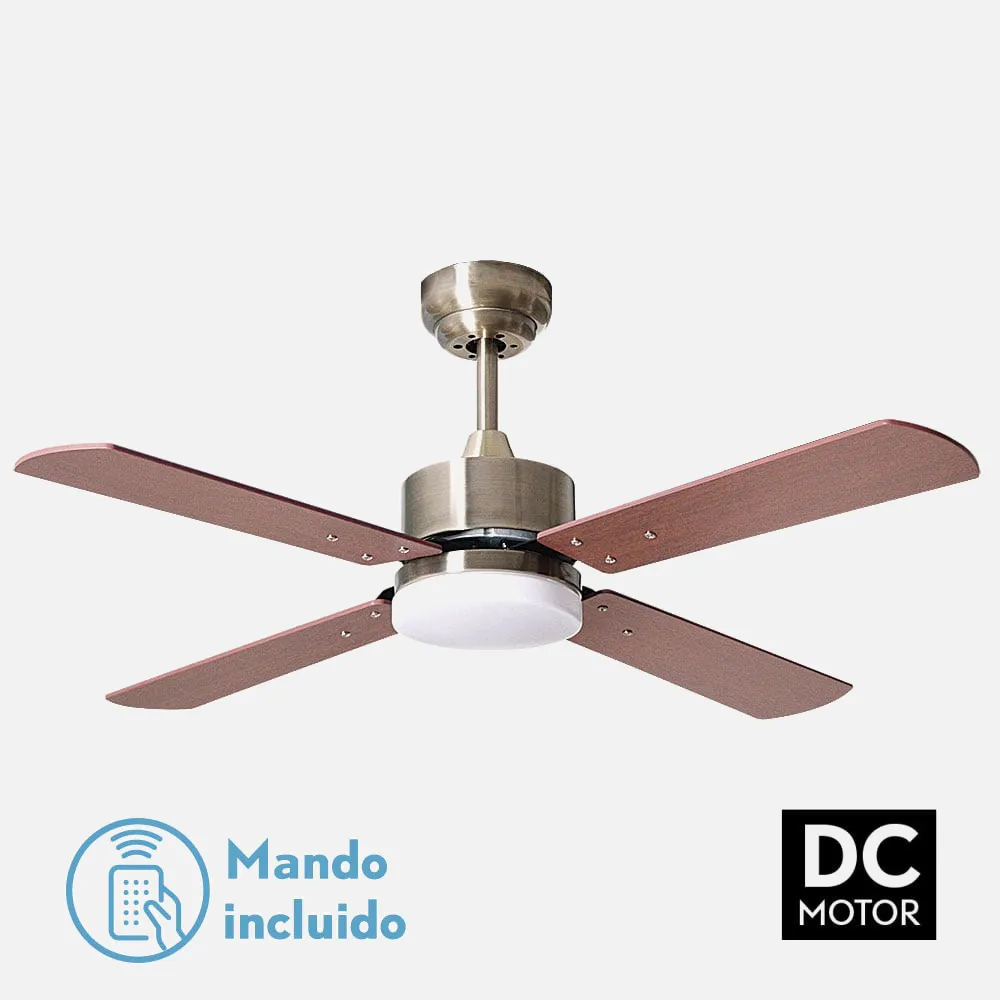Ventilador Dc Karaburu 18w 1800lm Cuero 4 Aspas Cerezo 40x107x107cm 3000-4000-6000k Remoto