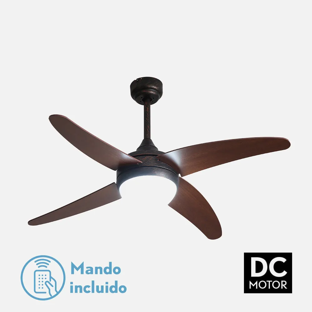 173692402 - Ventilador 2xe27 Dc Klod Rustico/nogal 4 Asp.6 Vel 117d  C/remoto Y Temporizador