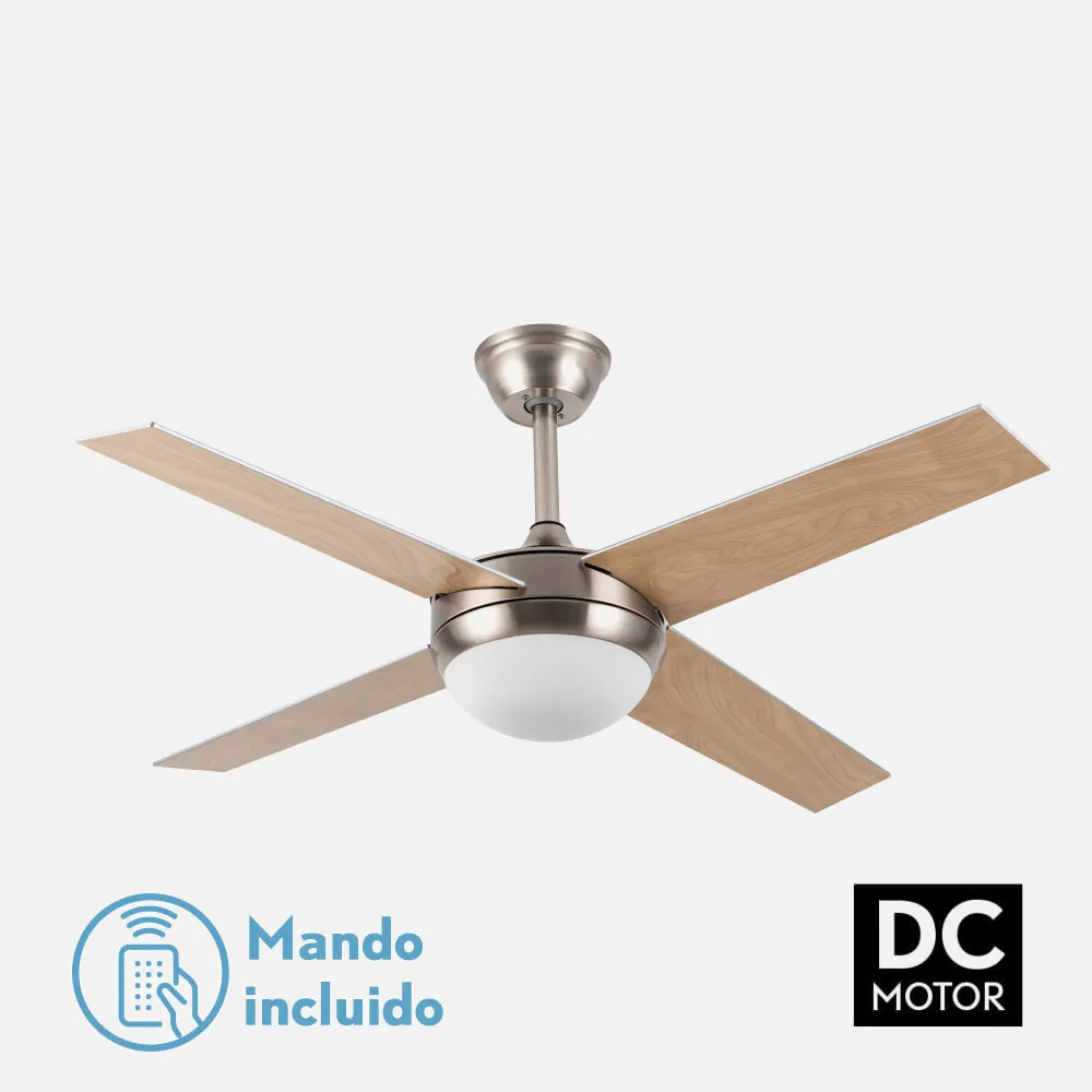 159092410 - Ventilador  Dc Ciro 2xe27 Niquel 4 Asp.rev. Plata/haya 35/45x116,8d Remoto Y Temporizador