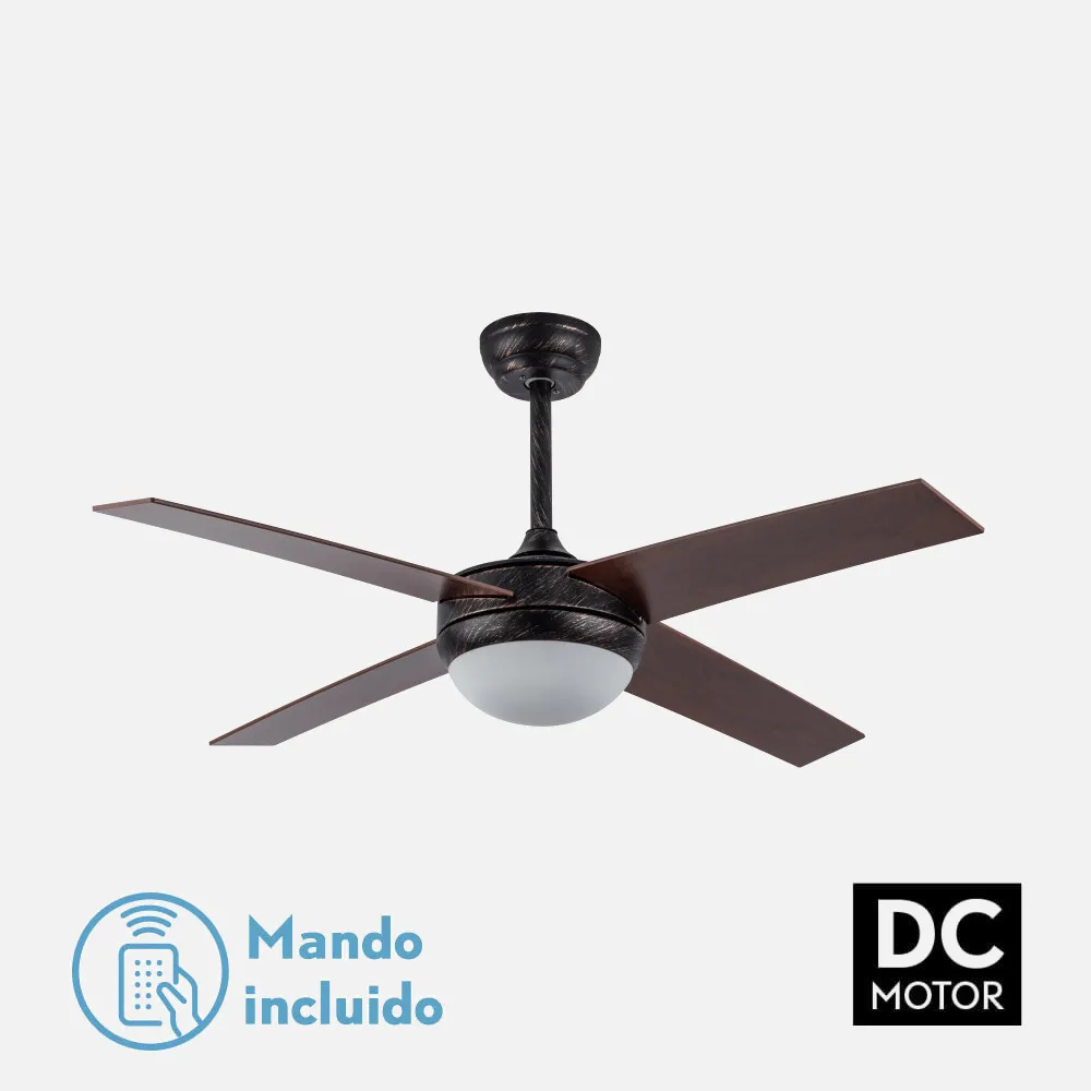 159092402 - Ventilador Dc Ciro 2xe27 Marron Rustico  4 Aspas Nogal  35/45x116,8d Remoto Y Temporizador