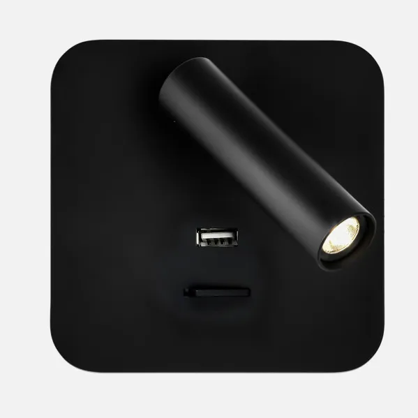 Lâmpada de parede 3w 4000k Giotto Square Black Usb Port 150lm / Switch 14x14x12cm Orientb