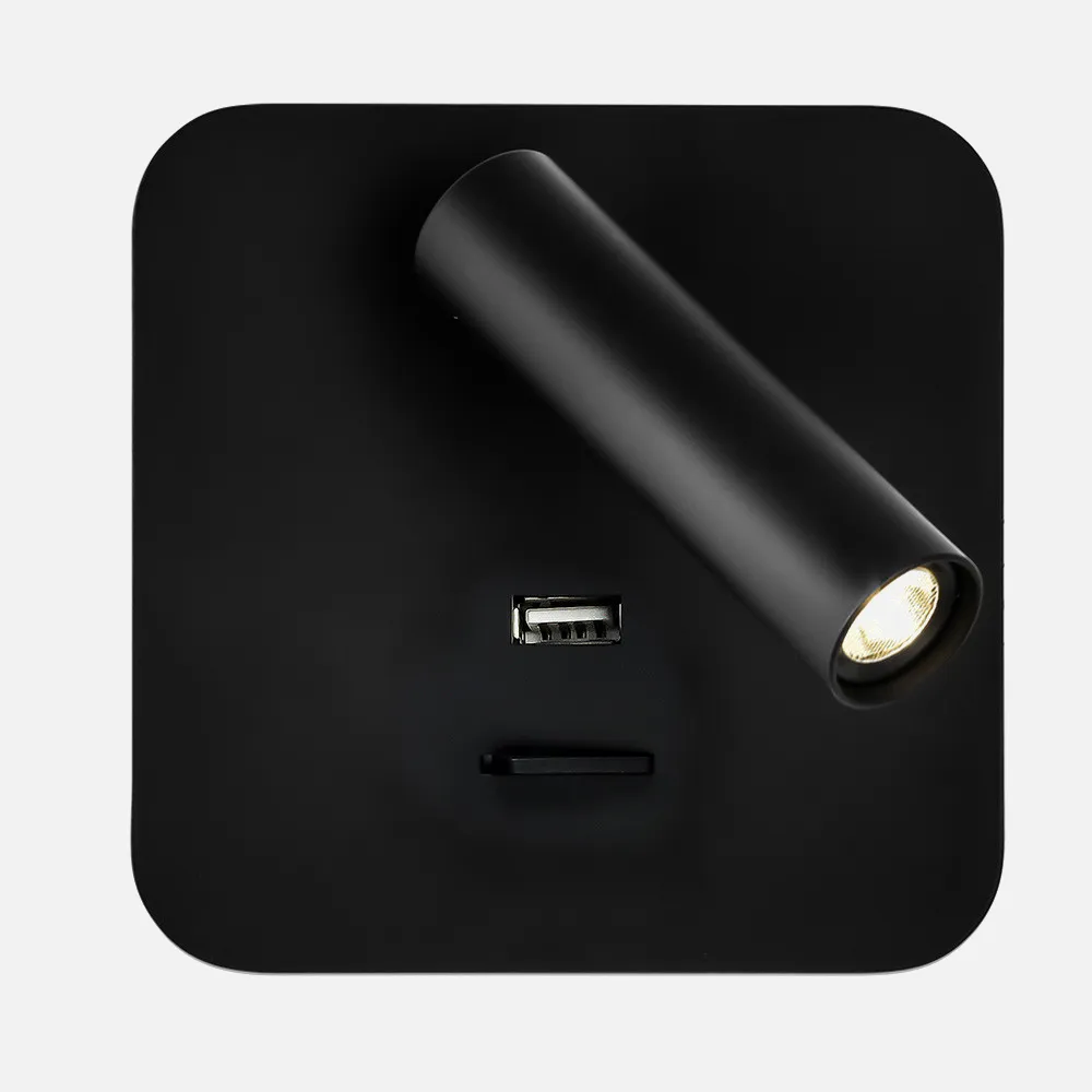Aplique 3w 4000k Giotto Cuadrado Negro Puerto Usb  150lm C/interruptor 14x14x12cm Orientb