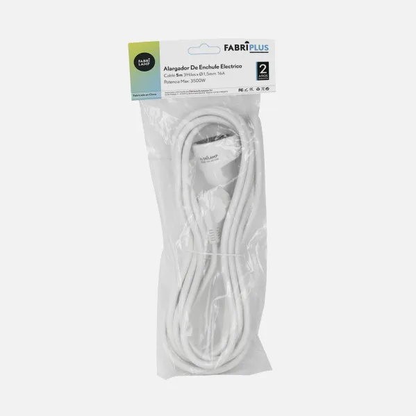 Alargador De Enchufe Electrico Cable 5m 3gx1,5mm  Cobre 3500w Max