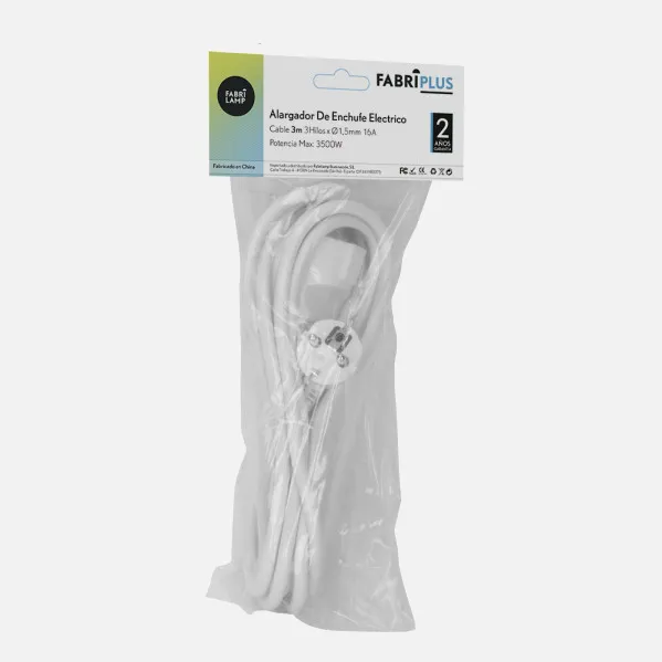 Alargador De Enchufe Electrico Cable 3m 3gx1,5mm  Cobre 3500w Max