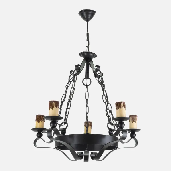 Lampara Rustica 5xe27 Medieval Negro Regx55x55 Cm