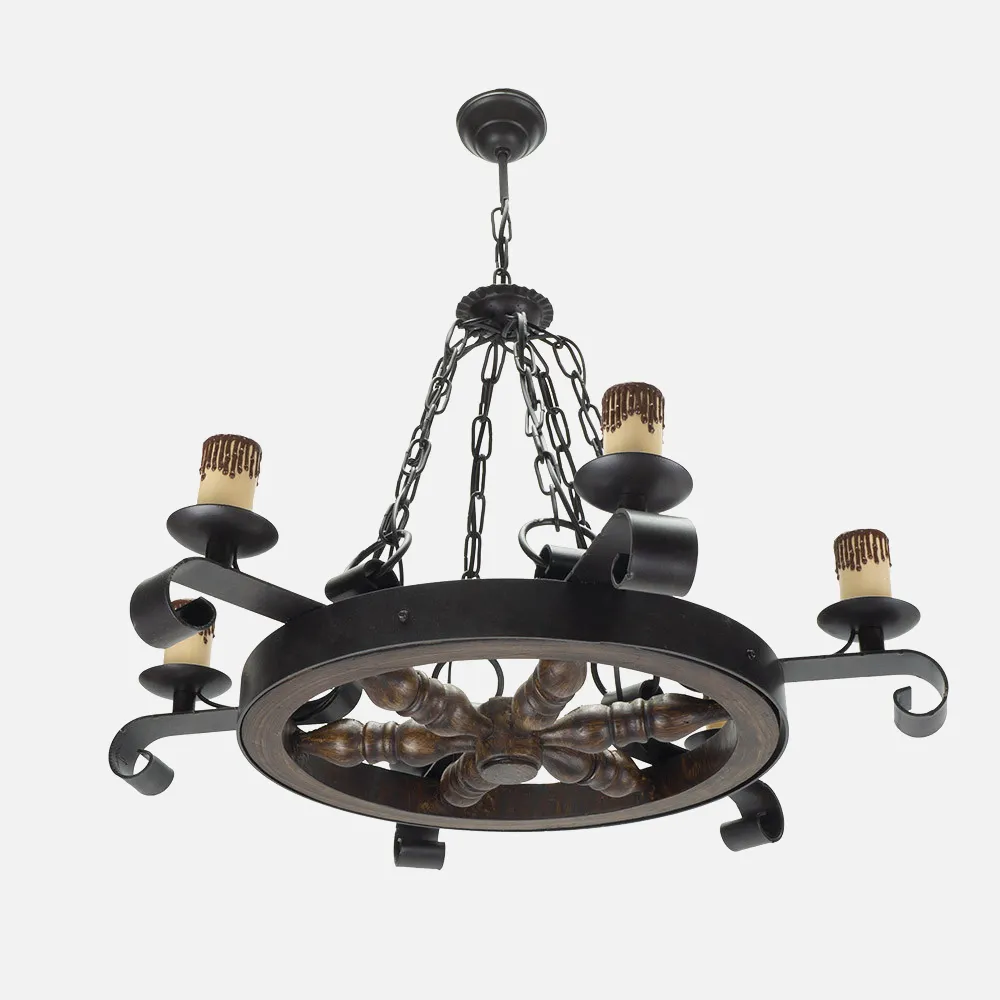 92.527/6 - Lampara Rustico Rueda 6xe27 Marron REGx70x70 Cm