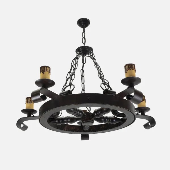 Lampara Rustico Rueda 5xe27 Marron Regx68x68 Cm