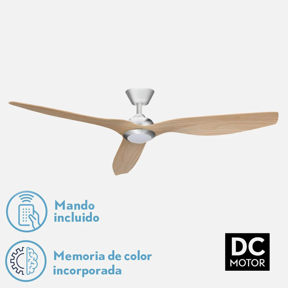 Ventilador Dc 18w 3000K, 4000k, 6000K Niquel Delfos 3 Asp.Haya 32/44,5x132d 2350lm Remoto, Memoria Y Temp