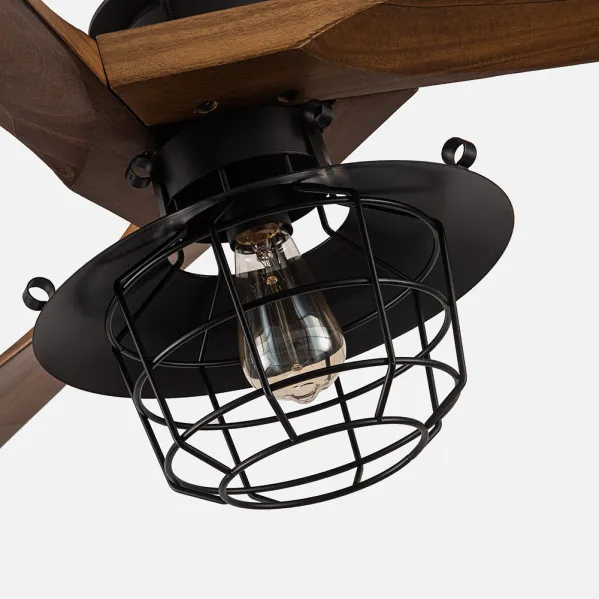 Ventilador Dc Vulturno Negro 1xe27 3 Aspas Roble  6 Velocidades C/remoto Y Temporizador 53/65,5x132x132 Cm