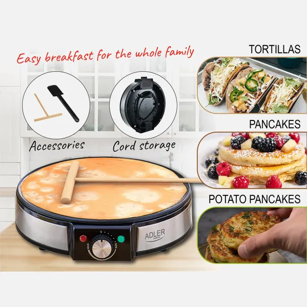 Crepera Non-stick 1600w 30d W/Accessories  To Spread And Flip Pancakes/Tortillas