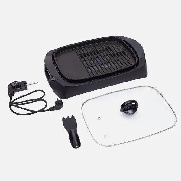 Grill Parrilla Electrica 3000w Reg.temperatura,antiadherente C/tapa De Vidrio Y Espatula 12x51x32 Cm