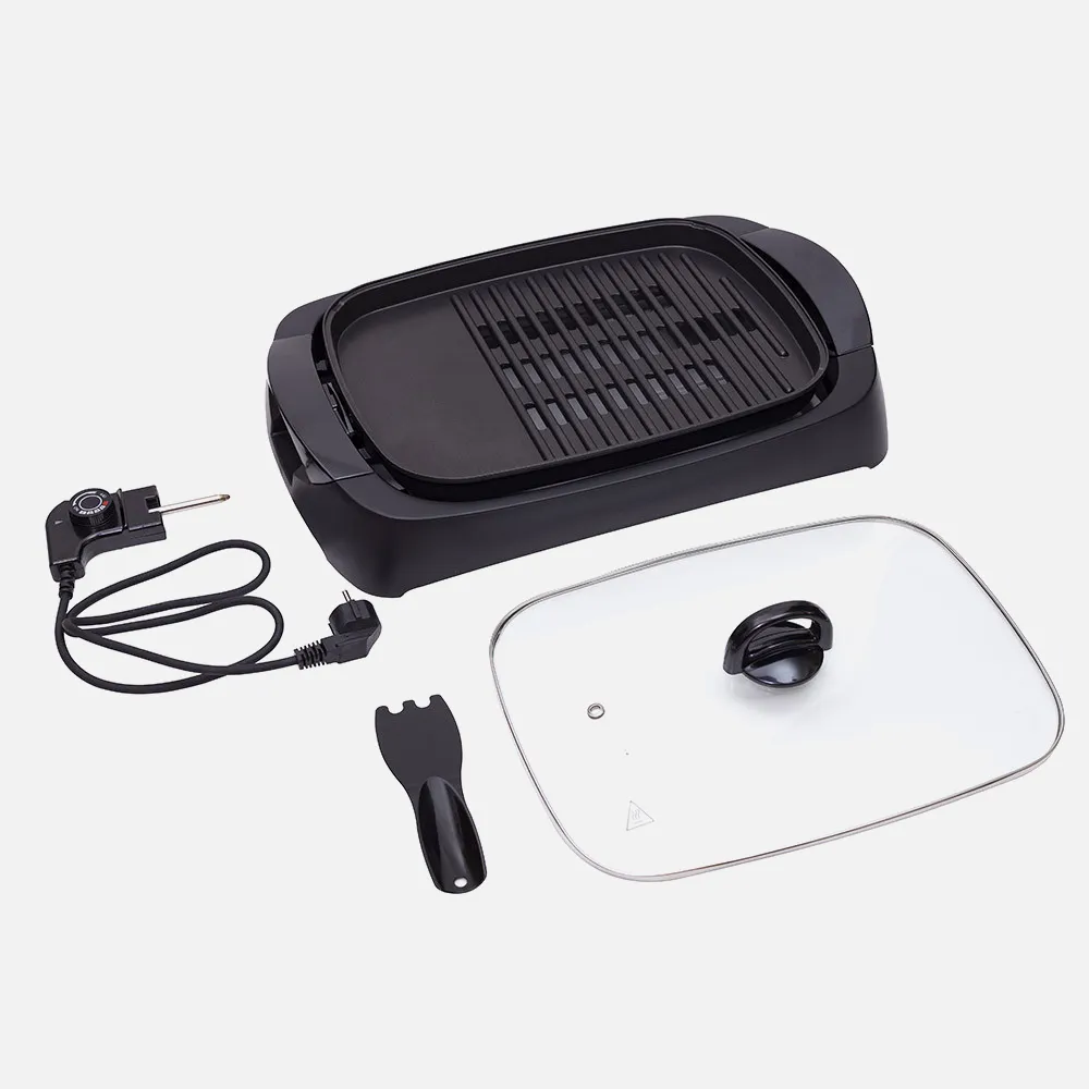 Grill Parrilla Electrica 3000w Reg.temperatura,antiadherente C/tapa De Vidrio Y Espatula 12x51x32 Cm