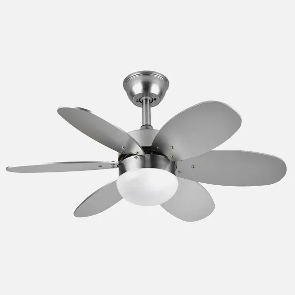 Ventilador Dc Alves 2xe27 Niquel 6 Aspas Rev. Haya/plata 41x85d C/ Remoto Y Temporizador