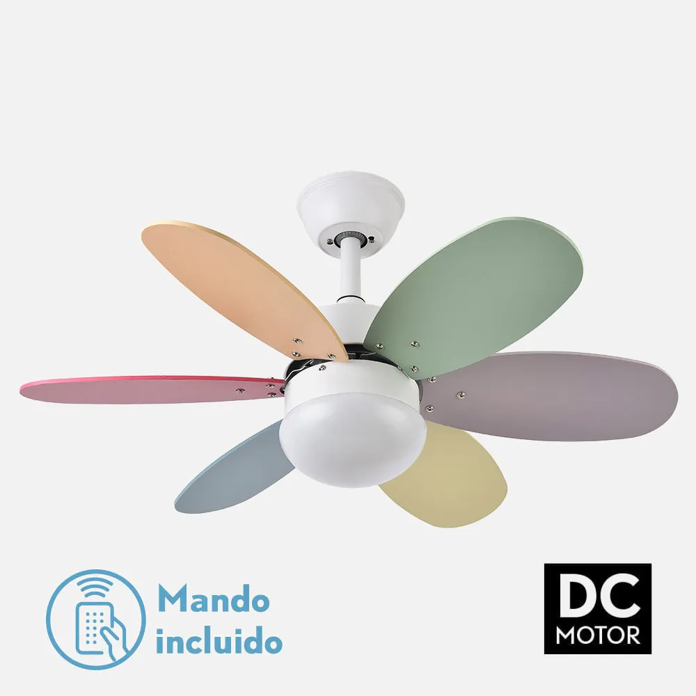 175791637 - Ventilador Dc Alves 2xe27 Blanco  6 Aspas Rev. Pastel/Intenso  41x85d  C/ Remoto Y Temporizador