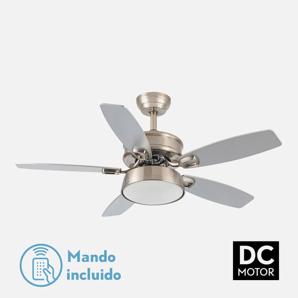 181891510 - Ventilador 30w Dc Braw Niquel 5 Aspas Plata/haya  6 Vel. 3 Colores 106,7d C/remoto, Memoria y Temporizador 2850lm