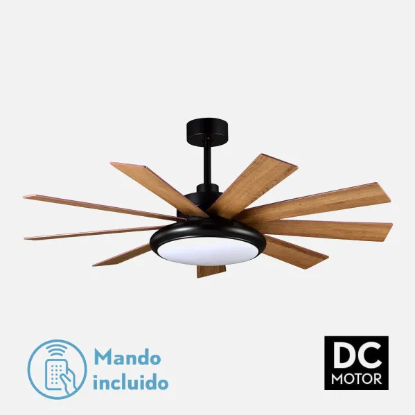 Ventilador DC Pireo 36w Negro 9 Aspas Roble/haya  6 Vel 3000k, 4500k, 6000k 3800lm 132d C/Remoto, Memoria Y Temporizador