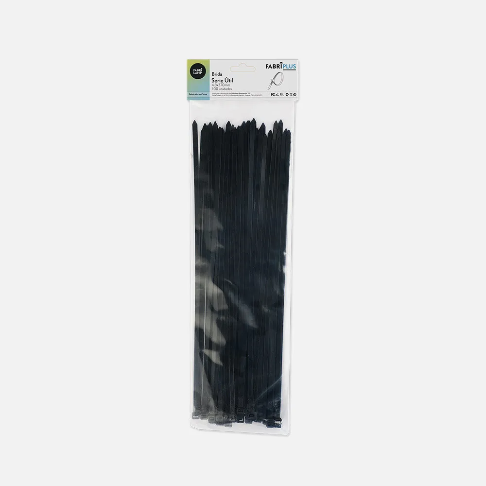188148379 - Bolsa 100 Bridas Util Negras 4,8x370mm. 100% Nylon 66 Resistentes Y Duraderas
