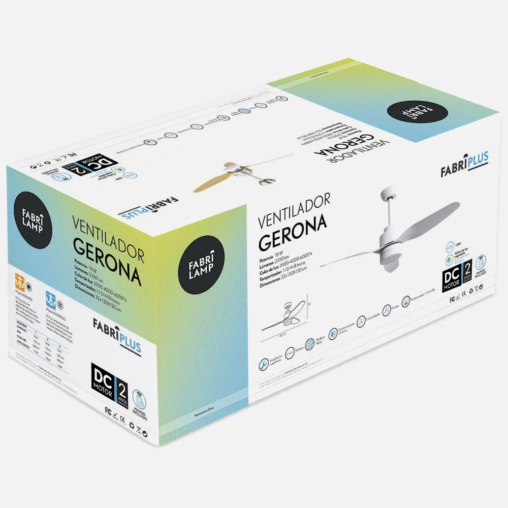 Ventilador Gerona Dc18w 2350lm Blanco 3asp 6 velocidades 40/45x120x120cm 3000-4000-6000k Remoto Y Temporizador