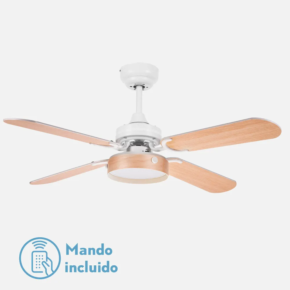 Ventilador Bornan 16w 1200lm Blanco 4 Asp Rev Blanco/haya 4000k 39x107d C.remoto