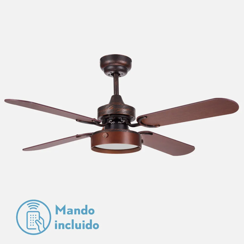 Ventilador Bornan 16w 1200lm Rustico 4 Asp. Nogal 4000k 39x107x107 Cm Remoto