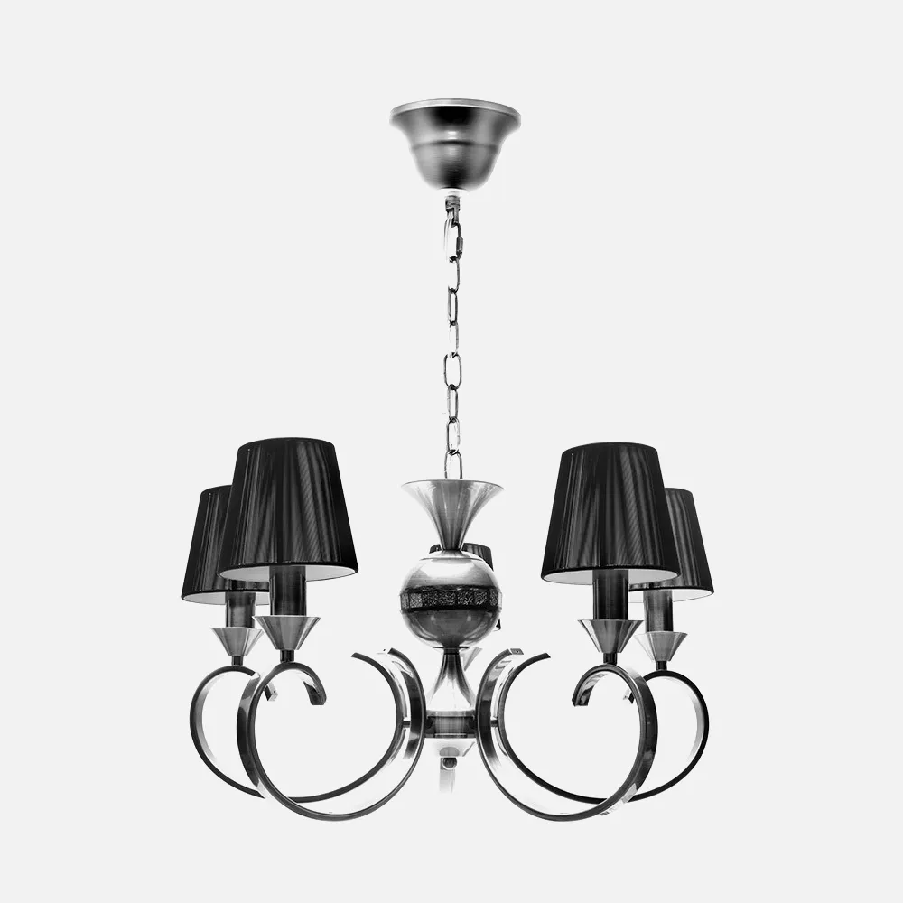 Lampara Banaica 5xe14 Cromo Pantalla Hilo Negra Regx56x56 Cm