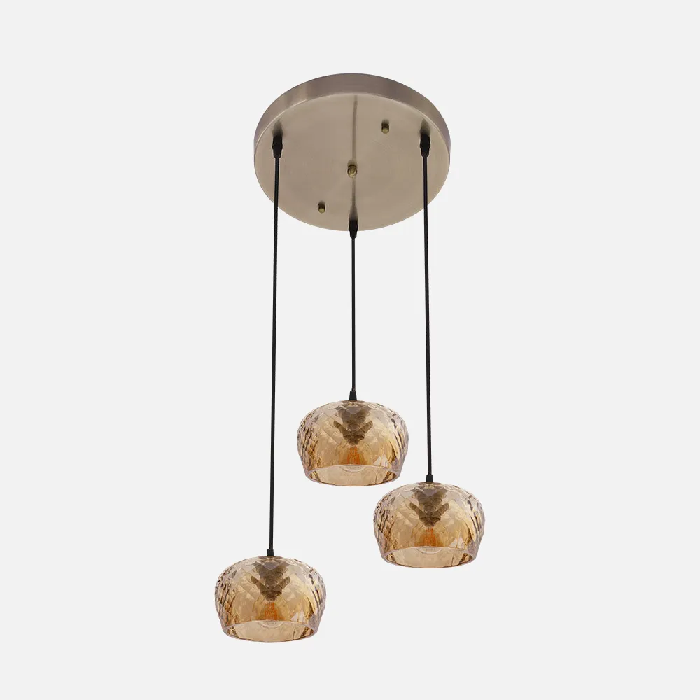Plafon Estela 3xe27 Cuero Regx36x36 Cm C/tulipas  Cristal Tallado Ambar