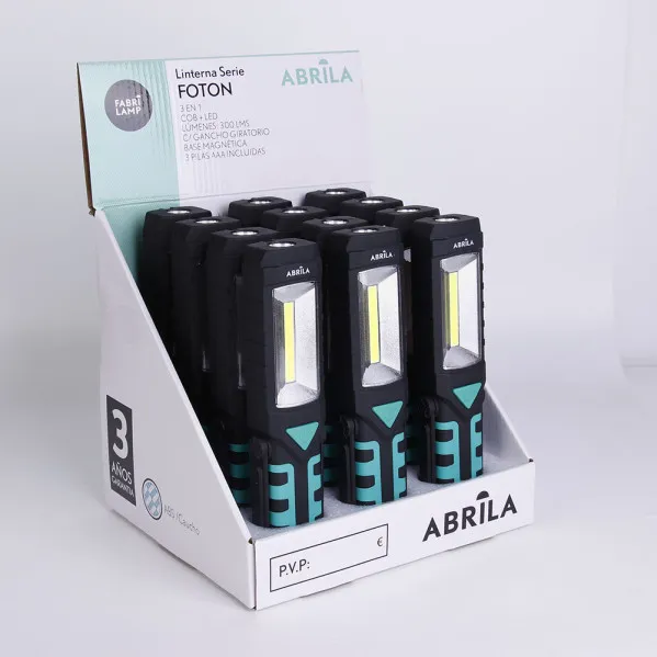 Linterna Led De Trabajo Foton 3en1 Encendido+2cob+emergencia 300lm Base Magnetica Y Gancho Giratorio 