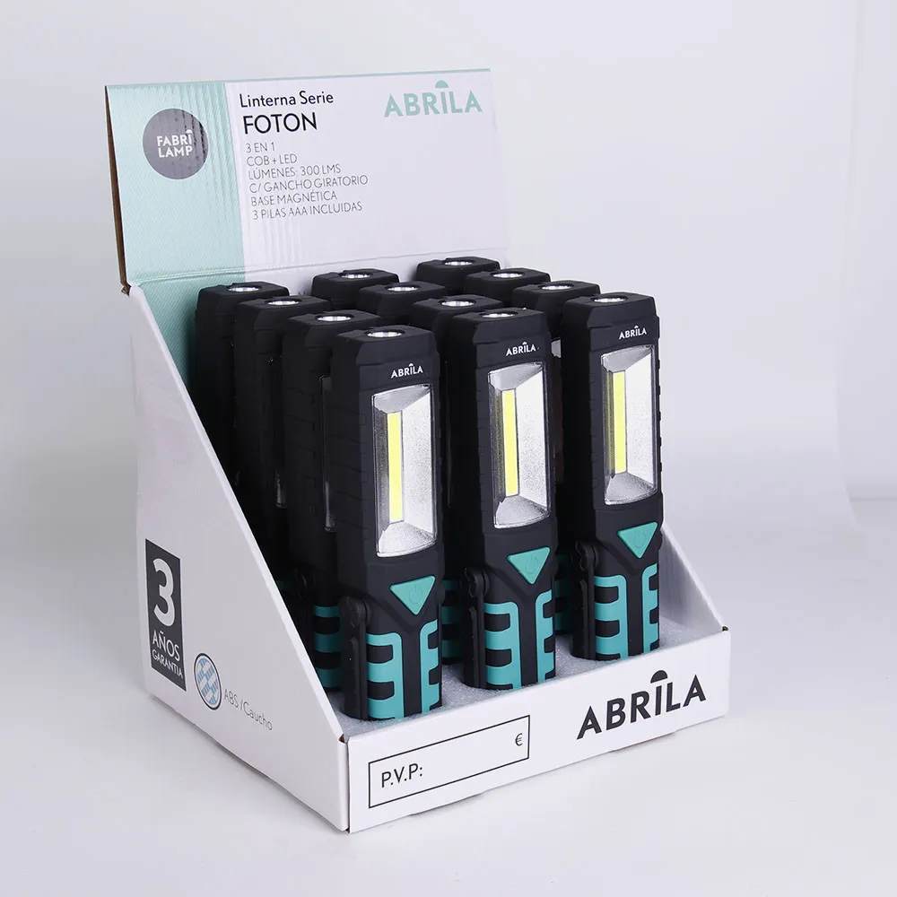 Linterna Led De Trabajo Foton 3en1 Encendido+2cob+emergencia 300lm Base Magnetica Y Gancho Giratorio 