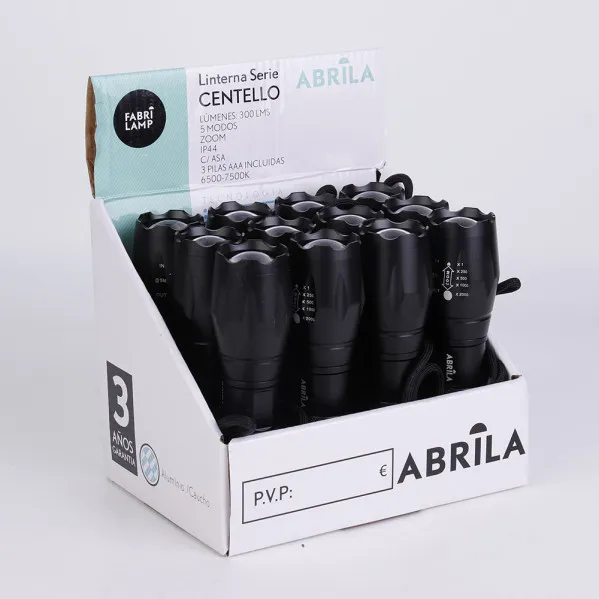 Linterna Led Aluminio Centello Negra 5encend.+zoom 300lm Ip44 C/asa 13,5-15,5x3,6d