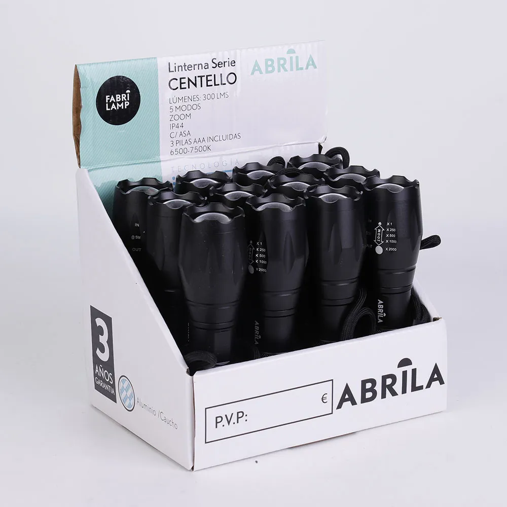 Linterna Led Aluminio Centello Negra 5encend.+zoom 300lm Ip44 C/asa 13,5-15,5x3,6d