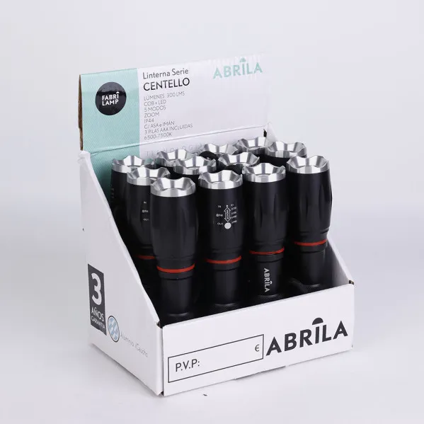 Linterna Led Centello Negra 5encend.+cob+zoom Ip44 300lm Iman Y Asa 15,5/18,6x3,8x3,8 Cm 3xaaa