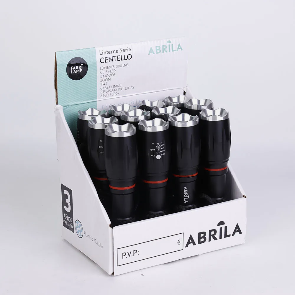 Linterna Led Centello Negra 5encend.+cob+zoom Ip44 300lm Iman Y Asa 15,5/18,6x3,8x3,8 Cm 3xaaa