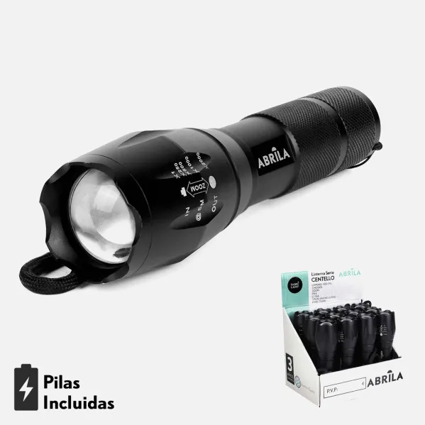 Torch Led Aluminium Centello Black 5encend.+Zoom 300lm Ip44 C/carry handle 13,5-15,5x3,6d