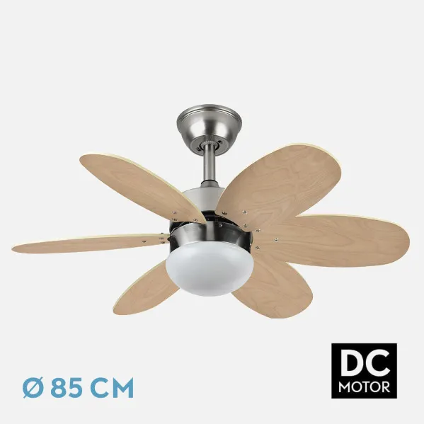Ventilador Dc Alves 2xe27 Niquel 6 Aspas Rev. Haya/plata 41x85d C/ Remoto Y Temporizador