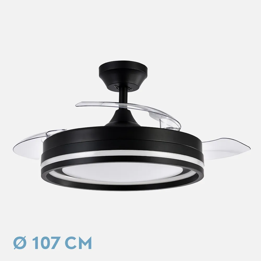 208691309 - Ventilador Dc Cerrato Negro 72w 3aspas Desplegables 107d 7200lm 6vel 3000k,4500k,6000k, Remoto+temporizador+memoria