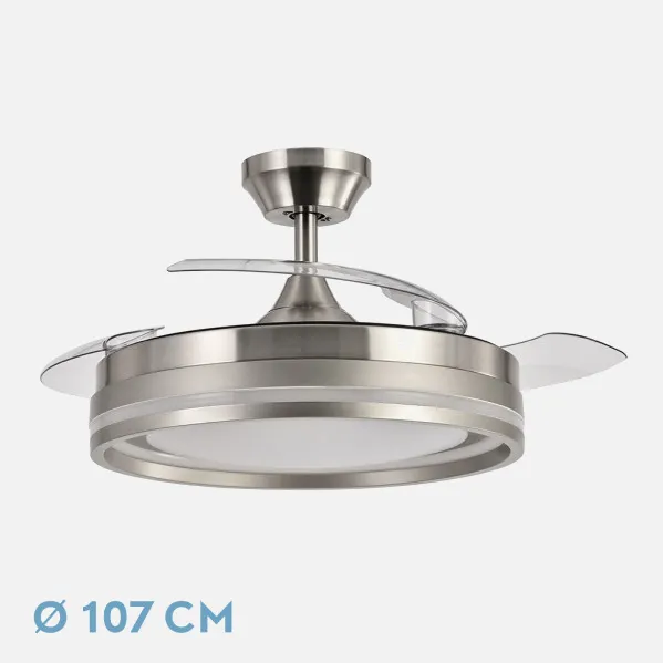 Ventilador Dc Cerrato Niquel 72w 3aspas Desplegables 107d 7200lm 6vel 3000k,4500k,6000k, Remoto+temporizador+memoria