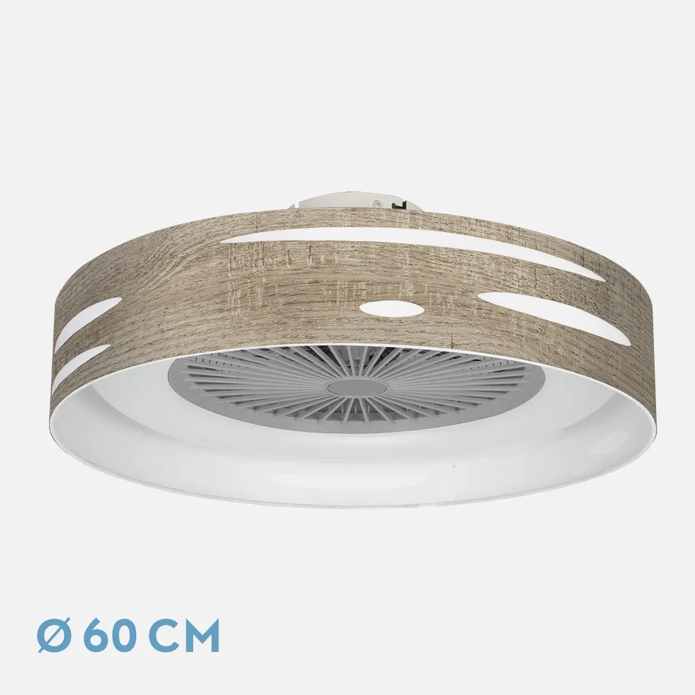 Ventilador Odra 72w Madera Gris 60d 3000-4000-6000k 5 Asp 8000lm Remoto, Reg Int, Temporizador