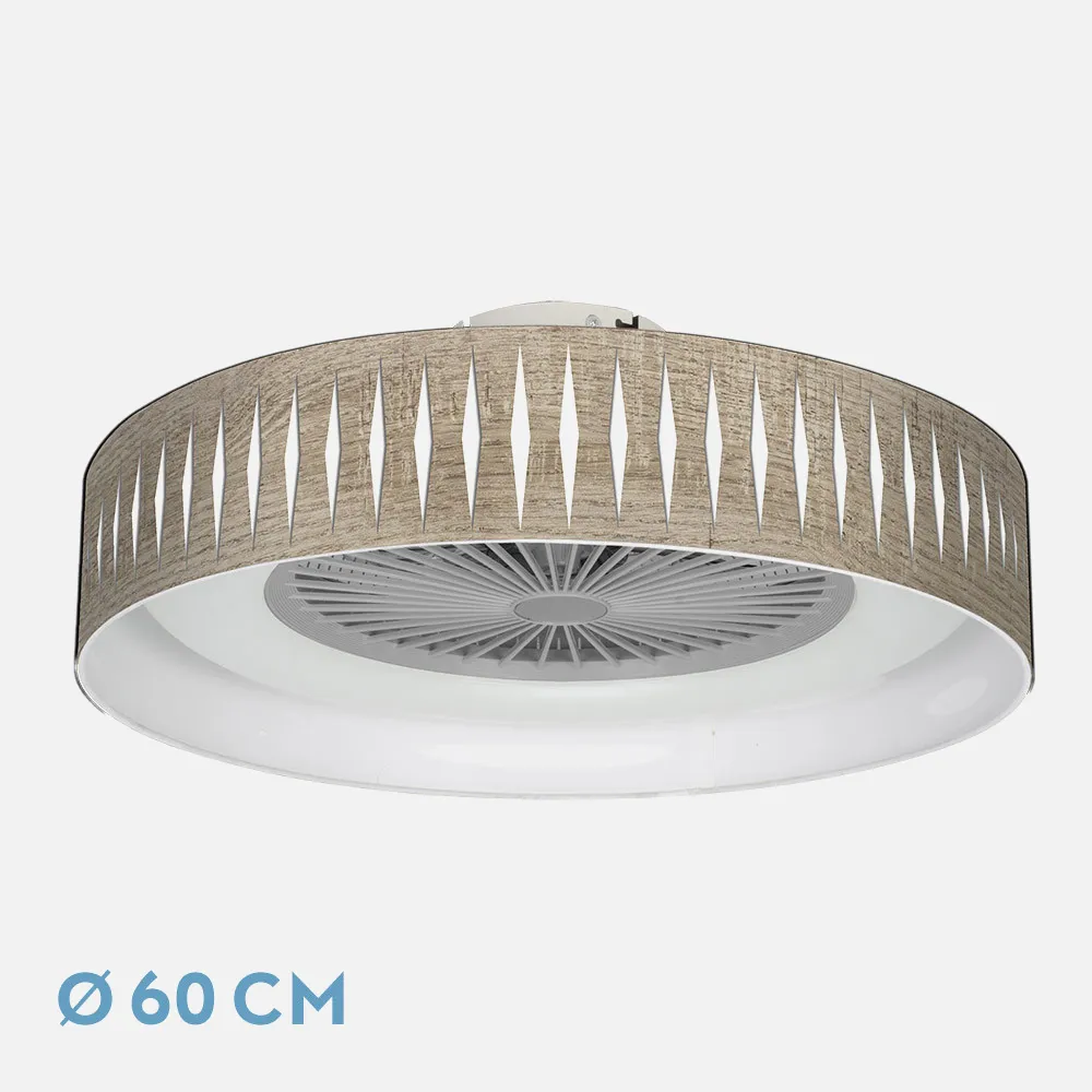 Ventilador Piron 72w Madera Gris/blanco 60d 3000-4000-6000k 5 Asp 8000lm Remoto, Reg Int, Tempor