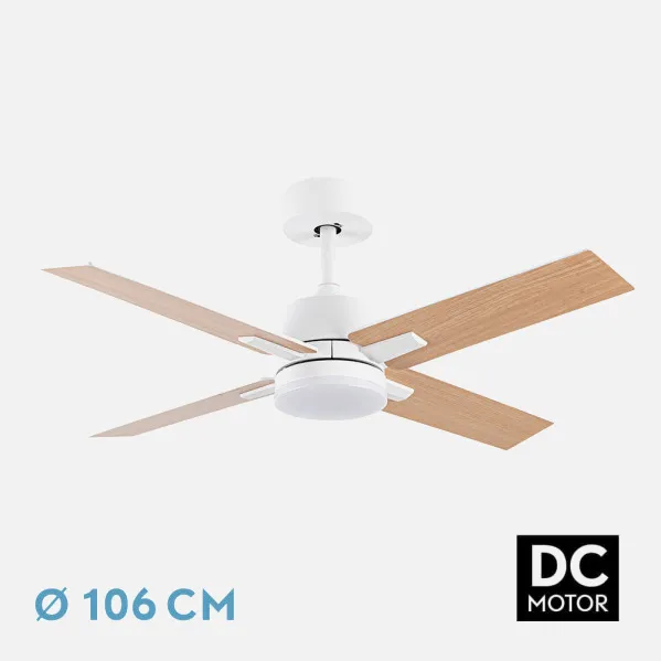 Ventilador Dc Talco 20w Blanco 4asp. Blanco/haya 6velocidades 3000-4000-6500k 2350lm Remoto, Memoria, Temporizador 106d