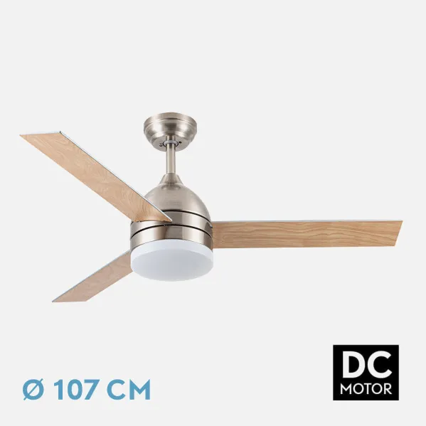 Ventilador Dc Legio 26w Niquel 3aspas Plata/haya 107d 2950lm 3000-4000-6000k Remoto+memoria+temporizador