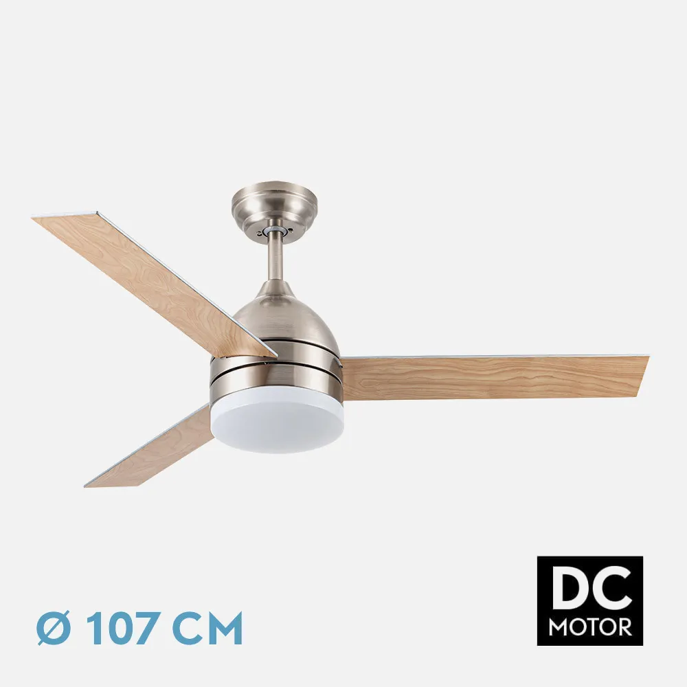 Ventilador Dc Legio 26w Niquel 3aspas Plata/haya 107d 2950lm 3000-4000-6000k Remoto+memoria+temporizador