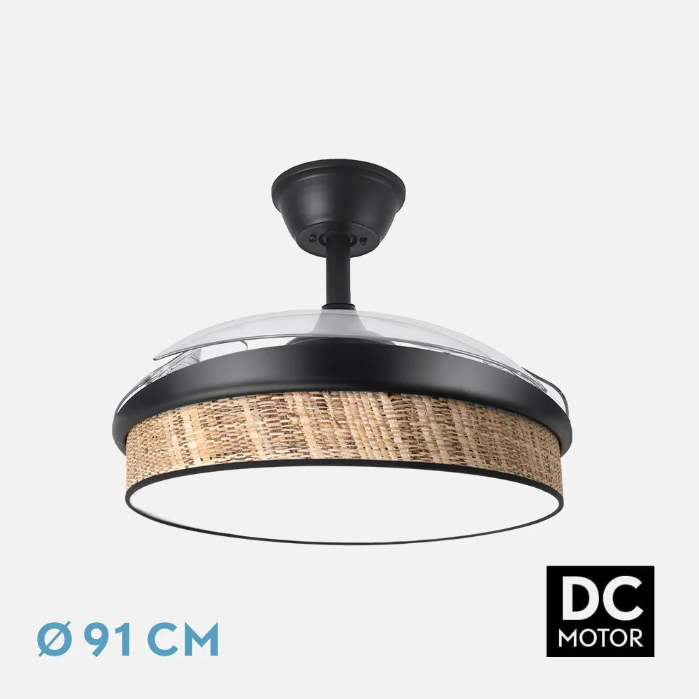 212480709 - Ventilador Dc Moda 72w Negro/cañizo Oscuro 91d 3aspas 7200lm 3000-4000-6000k Remoto+ Memoria+ Temporizador