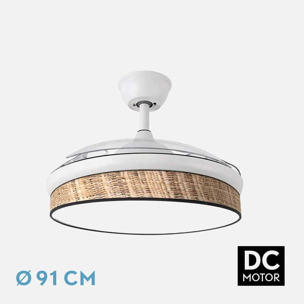 212480701 - Ventilador Dc Moda 72w Blanco/cañizo Oscuro 91d 3aspas 7200lm 3000-4000-6000k Remoto+ Memoria+ Temporizador