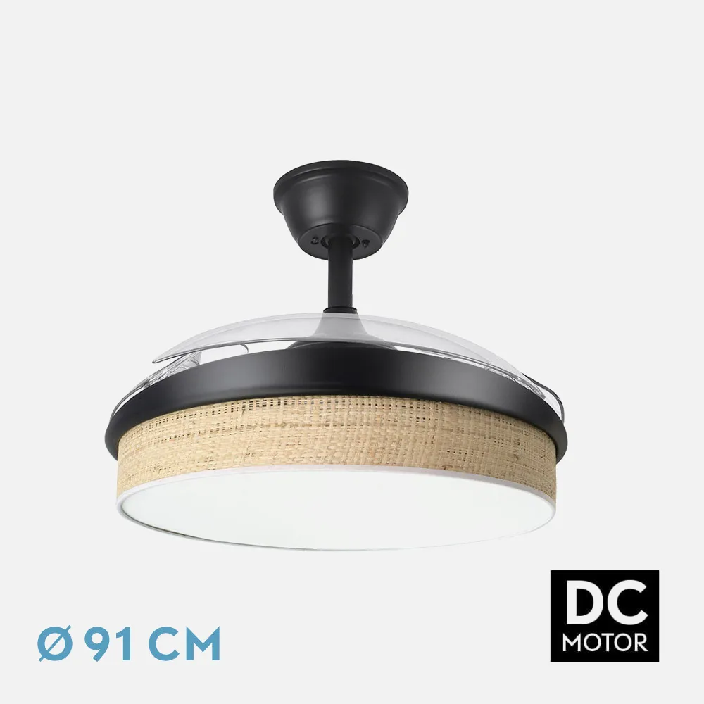 212480609 - Ventilador Dc Moda 72w Negro/cañizo Claro 91d 3aspas 7200lm 3000-4000-6000k Remoto+ Memoria+ Temporizador