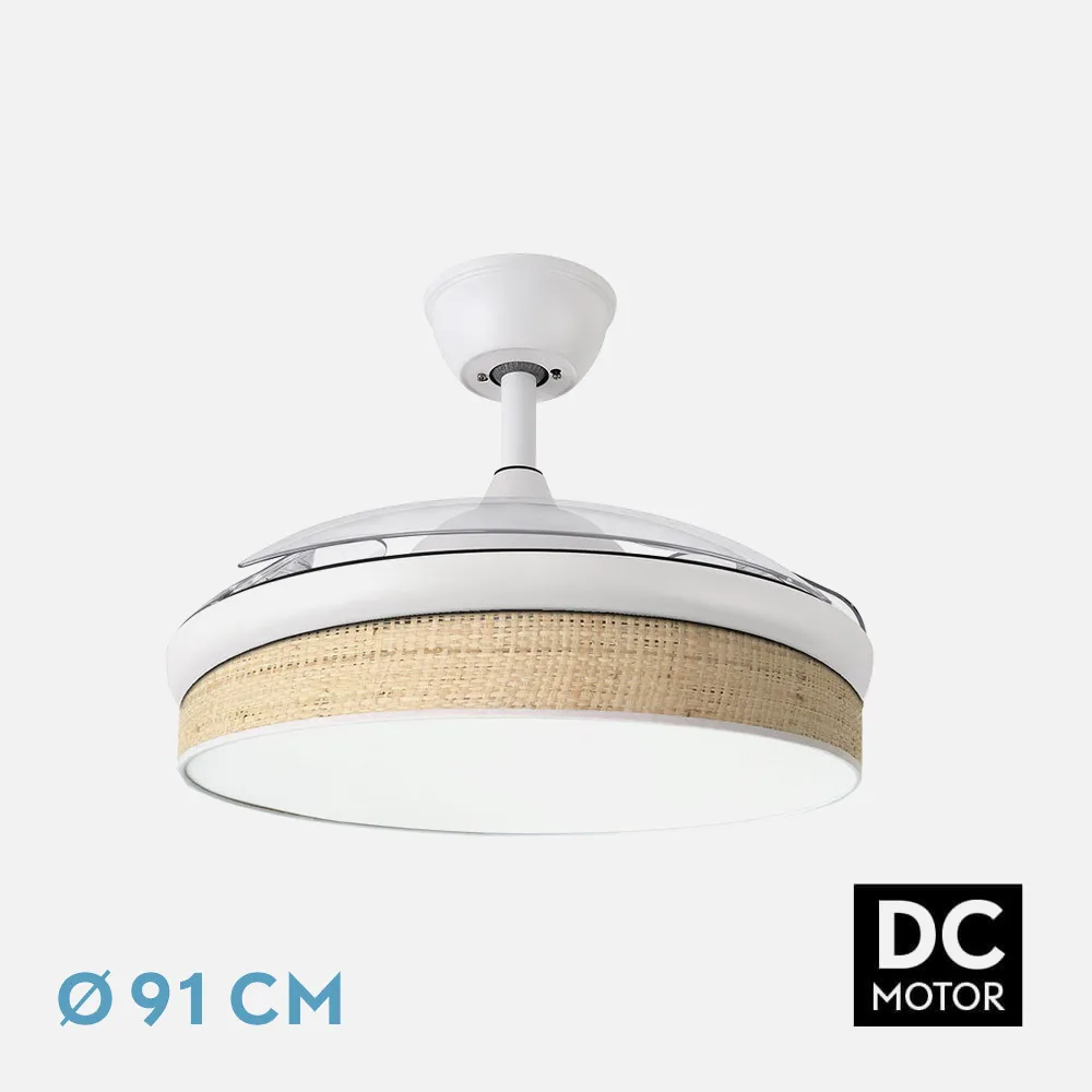 212480601 - Ventilador Dc Moda 72w Blanco/cañizo Claro 91d 3aspas 7200lm 3000-4000-6000k Remoto+ Memoria+ Temporizador