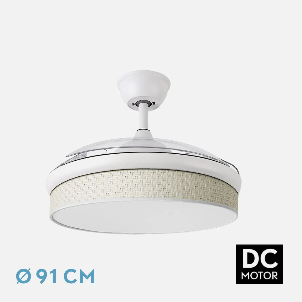212480501 - Ventilador Dc Moda 72w Blanco/cañizo Blanco 91d 3aspas 7200lm 3000-4000-6000k Remoto+ Memoria+ Temporizador